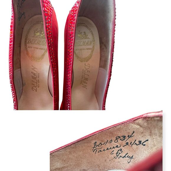 Vintage Delman Red Satin Rhinestone Heels 1950s Size 6B  Cocktail Pumps - Picture 12 of 15